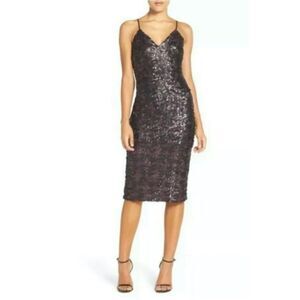 Dress the Population Nina Sequin Midi Dress sz Medium Black Cocktail purple Glam